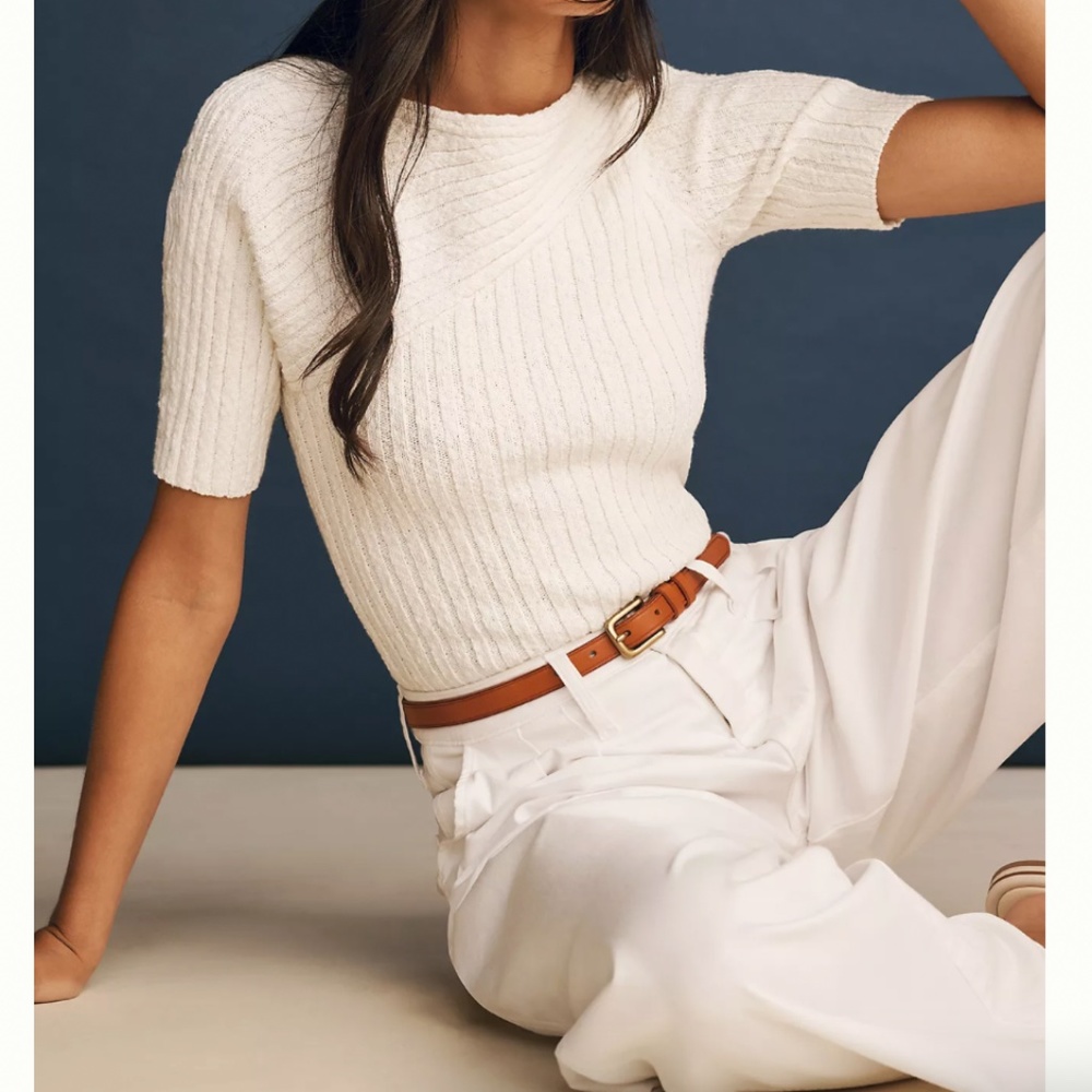 Anthropologie Cream Ribbed Short-Sleeve Knit Top